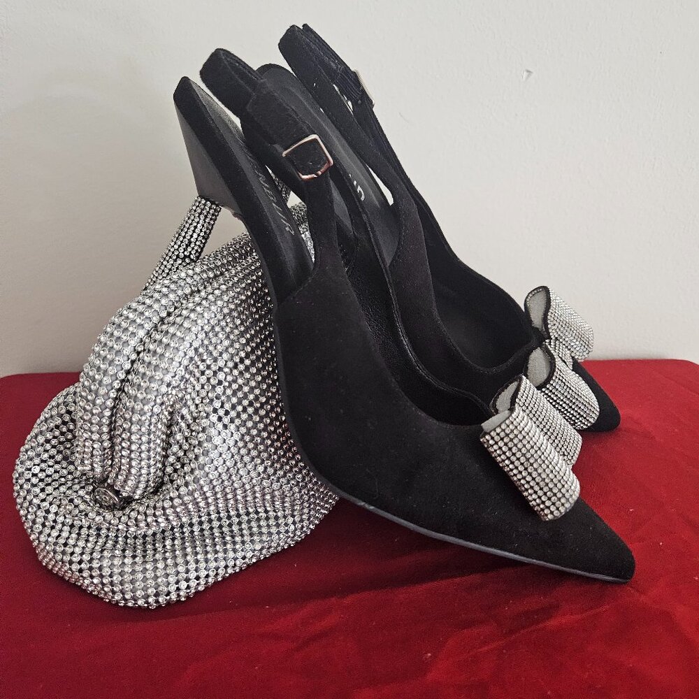 MENBUR Black Rhinestone Heel & Clutch Set | Textile Evening Shoes US 10 / EU 40